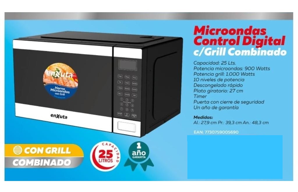 Microondas 25 Litros Digital Blanco con Grill - Enxuta